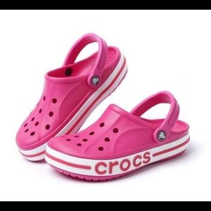 Pink striped crocs clog